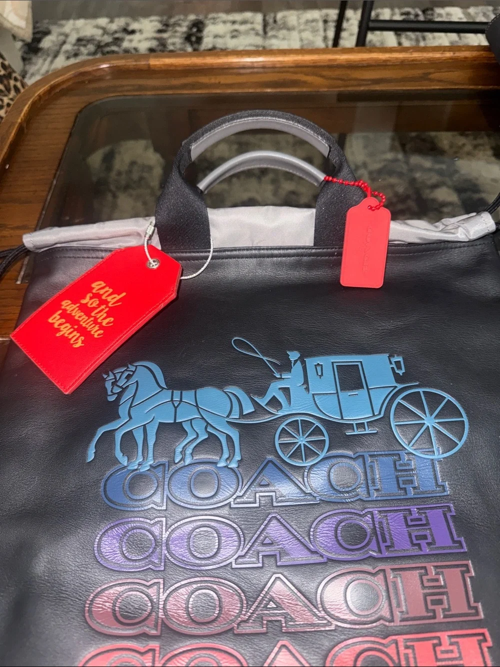 Coach Black Leather Drawstring Backpack with Blue-Purple-Red Gradient Logo